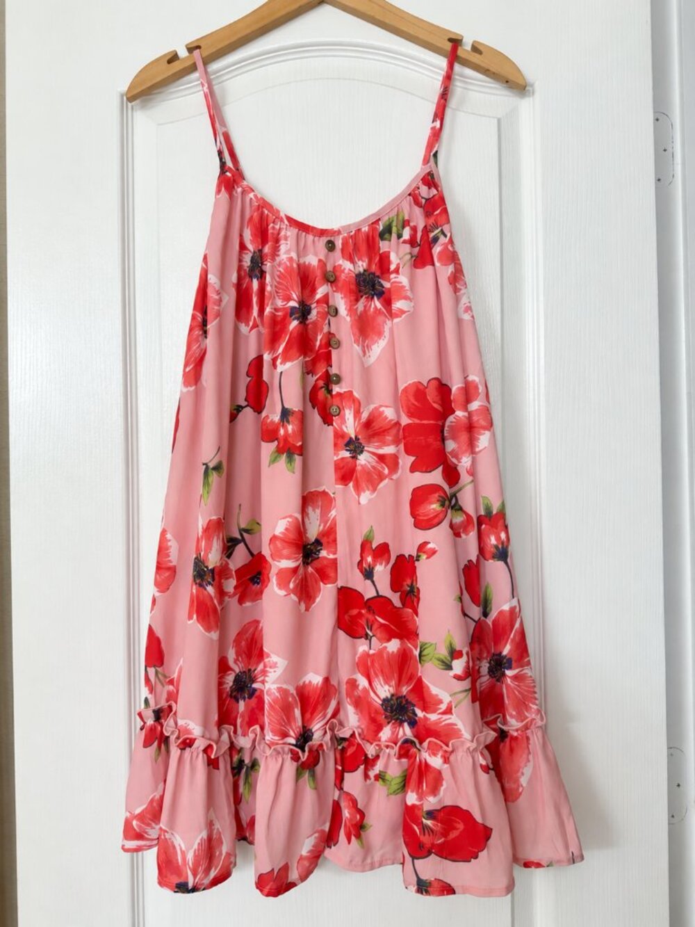 Pink Lily • Pink Red Floral Adjustable Strap Button Detail Ruffle Hem Dress S